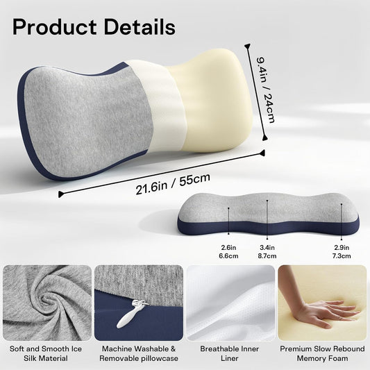 Lumbar Support Pillow for Bed, Lower Back Pillow for Sleeping, Memory Foam Waist Pain Relief Pillows, Lumbar Pillow for Sleeping, Bed, Car, Couch (Grey Black)