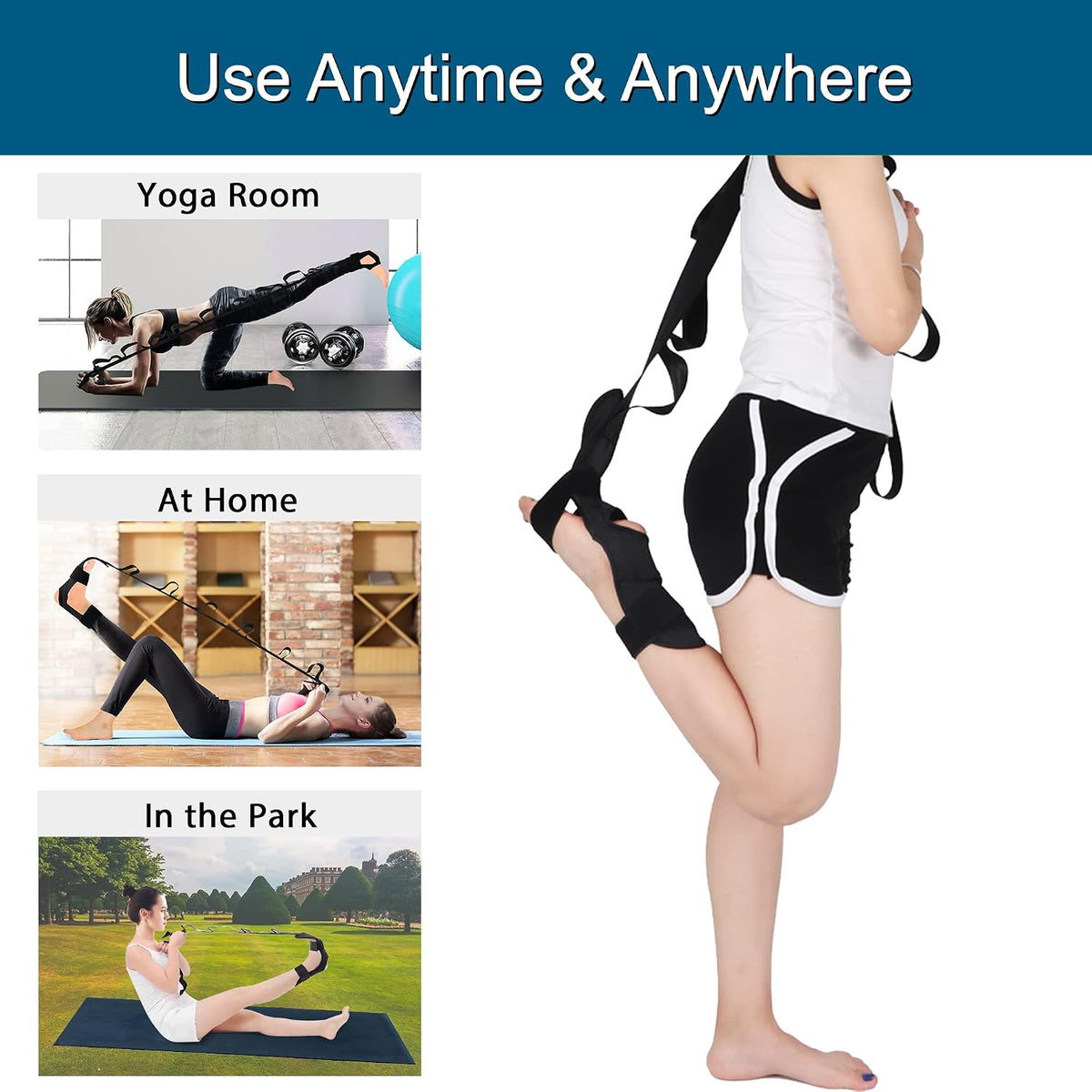 Komzer Foot Stretcher Belt, Foot Stretcher Stretch Strap for Plantar Fasciitis, Heel Spurs, Foot Drop, Achilles Tendonitis & Hamstring. Yoga Foot & Leg Stretch Strap (Black)