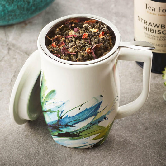 Tea Forte Ceramic Fiore Tea Cup with Infuser, Blue Agave, 14 oz | Insulated Ceramic - Stainless Steel Loose Leaf Infuser - Keeps Tea Hot Longer - Lid Included - Microwave & Dishwasher Safe