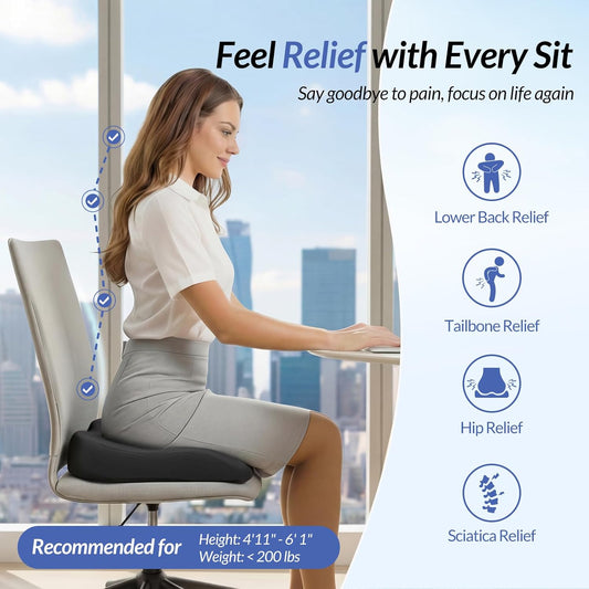 Ergonomic Seat Cushion with Thigh Slope for Long Sitting Comfort | Memory Foam Office Chair Cushion for Car, Home, U-Shaped Design Relieves Hip, Tailbone Pain, Sciatica Pain Relief, Non-Slip