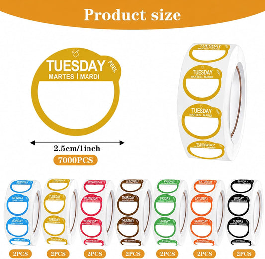 14 Roll 7000 Pcs Day of The Week Labels Food Labels Monday Through Sunday Management Inventory Stickers Removable Weekly Self Adhesive Date Dot Stickers for Restaurant Kitchen Containers Dispenser