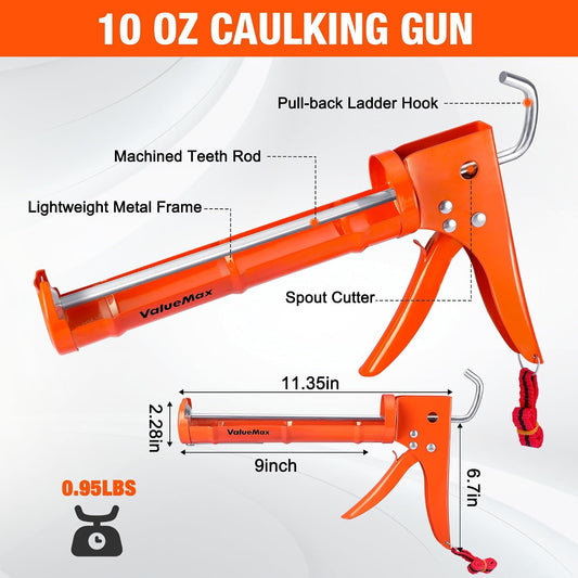ValueMax 10OZ Caulk Gun and Caulk Scraper Kit with Caulk Remover Tool | Smooth Silicone Caulking Gun, 10:1 Thrust Ratio, Sealant Finishing Tool Grout Scraper for Caulking/Filling/Sealing