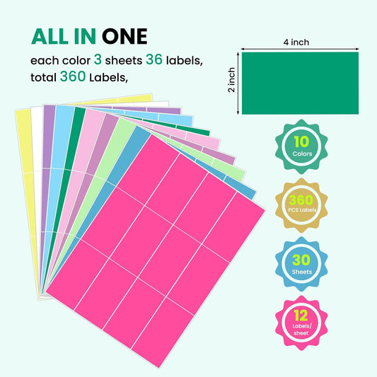 360 PCS 4 x 2 Inch Large Moving Labels Stickers for Box, Removable Waterproof Packing Labels for Storage Bins, Blank Color Coded Labels Stickers for Jars, Freezer Food, Home Moving Supplies
