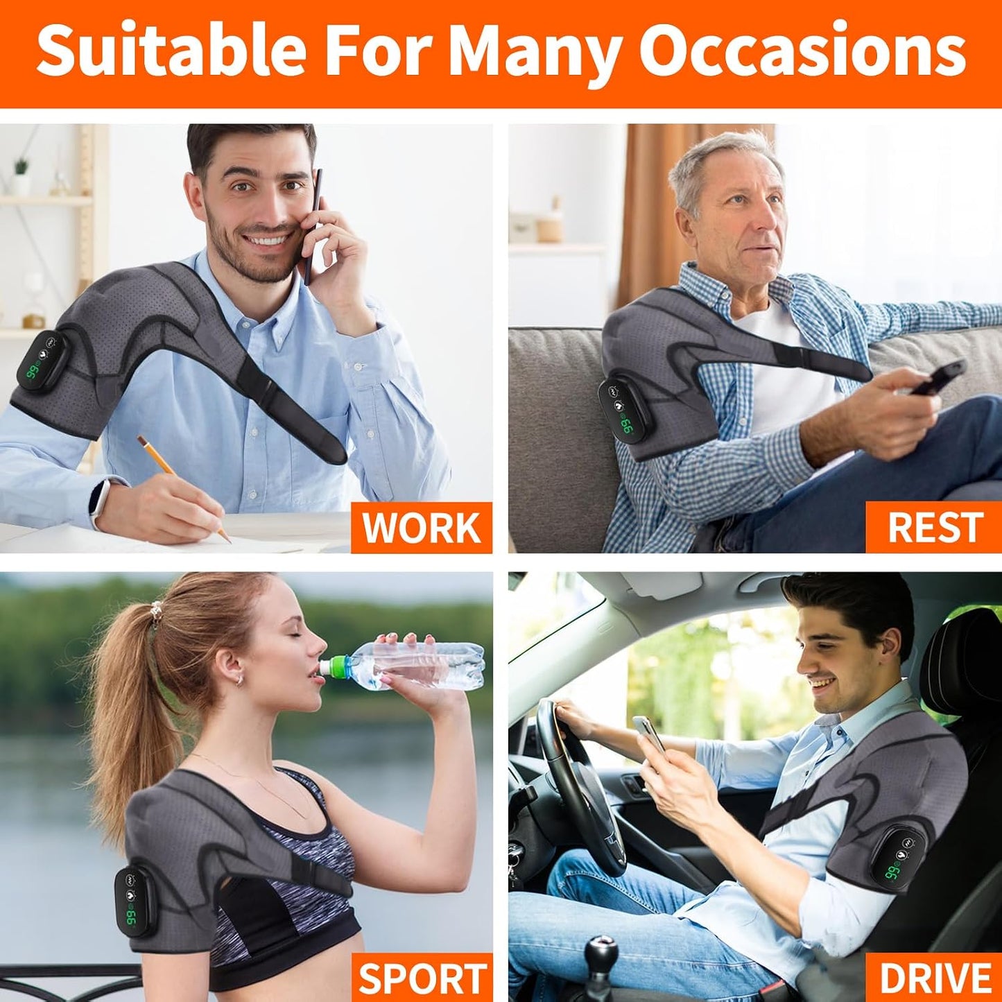 Cordless Heated Shoulder Brace Wrap, Heating Pad with Massage, 3 Heat & Vibration, 5000mAh Battery Powered, Shoulder Massager for Men Women