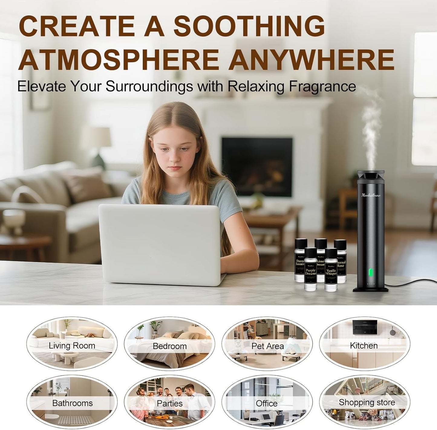 Waterless Scent Diffuser Starter Kit – 1000 Sq Ft Coverage, Suitable for Home & Hotel Series Diffuser, Includes 5 Scent Oils, Remote Control, Large Room Essential Oil Diffuser, Ultra Black