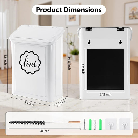 Magnetic Lint Trash Can, Metal Wall Mounted Lint Bin with Lid for Dryer, Laundry Room Organization, Lint Basket with Extended Soft Brush