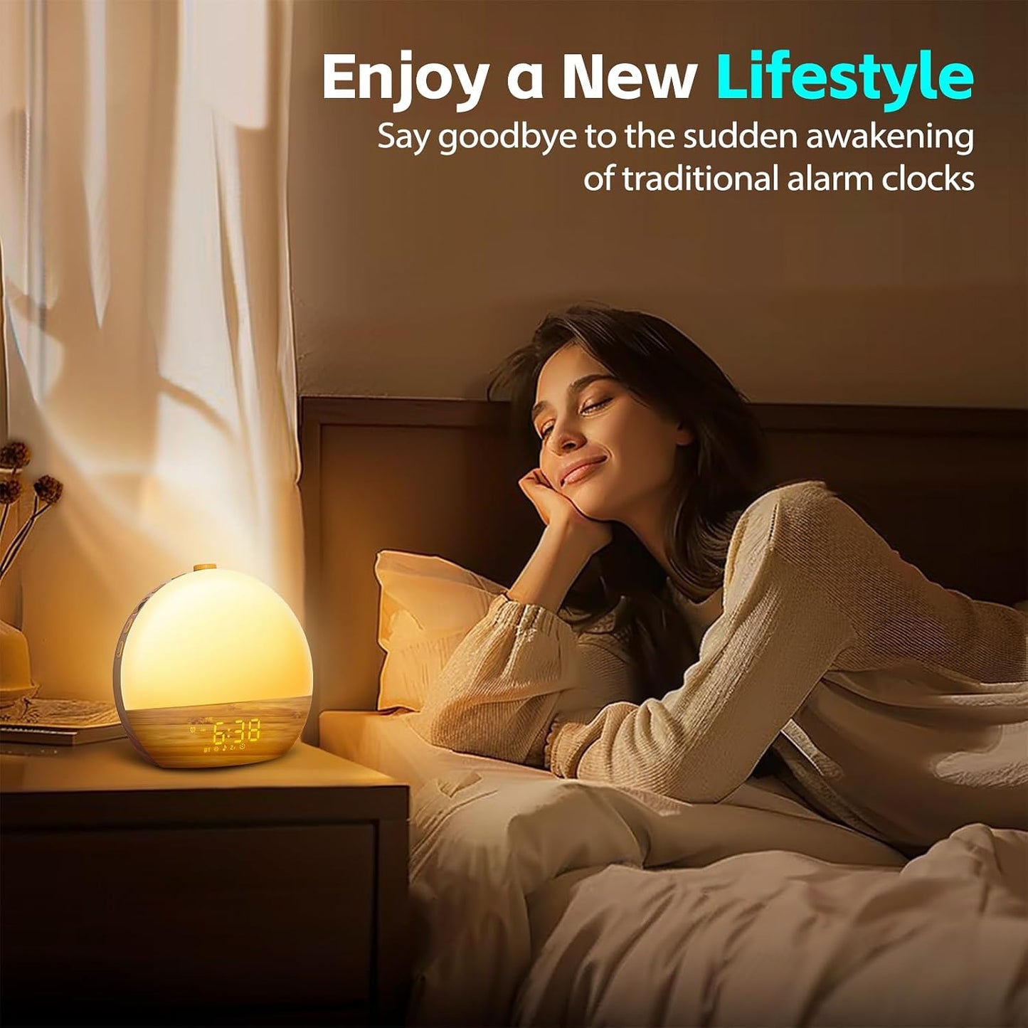 Geuuap Sunrise Alarm Clock White Noise Machine with Bluetooth Speaker,Khaki | 30 Soothing Sounds, 17 Dimmable lights, Simulated Sunrise, Backup Battery Memory, Auto-off Sleep Timer, Screen-Free Design