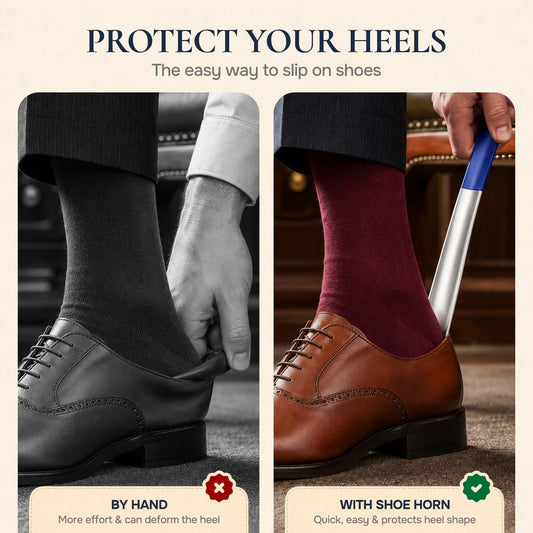 HOUNDSBAY Metal Shoe Horn Long Handle for Seniors - Heavy Duty Shoehorn 2Pk | Extra Long Shoe Horn for Seniors, Boot Horn & Shoe Spoon, Sturdy Stainless Steel Shoe Helper for Kids & Pregnant Women