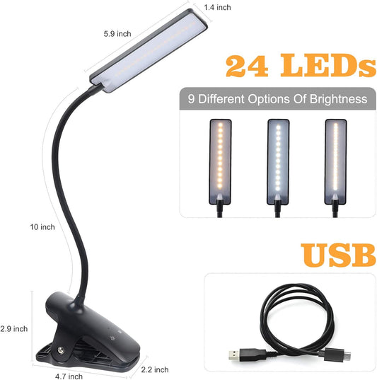 LED Reading Light with Clip USB Rechargeable Book Lights, Eye Protection 24 LEDs Flexible Neck Night Bed Lamp, Touch Control Portable Clamp Desk Lamps for Bed Headboard, Computers