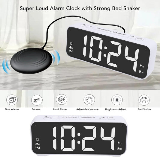 LoudVibrating Alarm Clock for Heavy Sleepers, Alarm Clock with Bed Shaker, Large LED Digital Display AlarmClock with Corded Vibrator for Hearing Impaired Deaf Teens