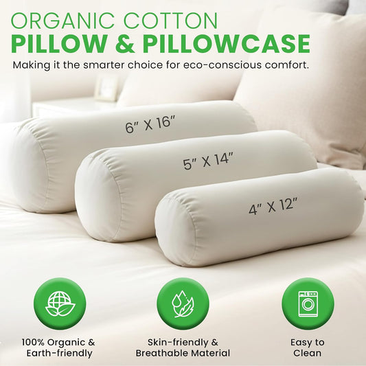 Bean Products Natural Organic Cotton Kapok Neck Roll Pillow 4" Dia x 12" | Non Toxic, Eco Friendly, Mildew Resistant Cloth Shower Cutain Liner - Washable, Quick Dry, Breathable, Odor Free, No Plastic