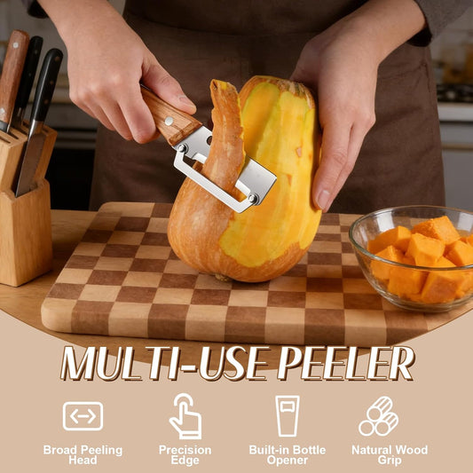 2026 Upgrade Vegetable Peeler With Wooden Handle, Stainless Steel Wide Blade Potato and Carrot Peeler, 3-in-1 Veggie Peeler With Scallion Shredder and Bottle Opener for Kitchen, Camping and Trave