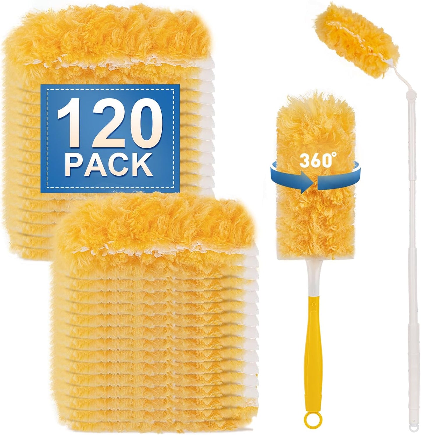 Heavy Duty Duster Refills, Disposable Dusters Kit for Cleaning Dusting Furniture Blind Ceiling Fan, Multi Surface 360 Feather Duster(60)+3FT Extended Handle +1 Handle
