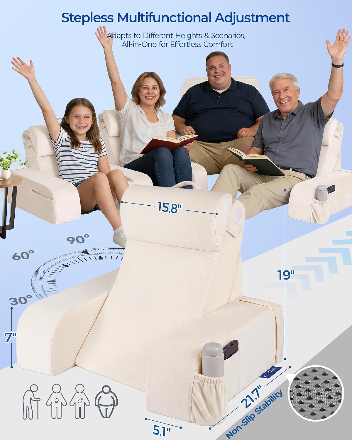 Kayfia Reading Pillow, 30-90° Stepless Adjust Angle & Height, Medium, Grey