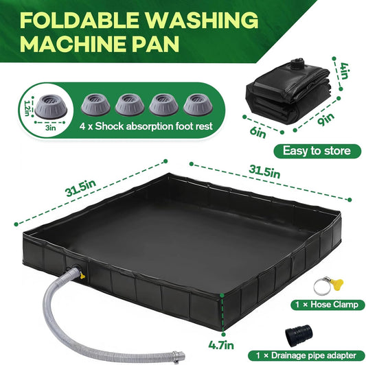 Foldable Washing Machine Drain Pan with Drain Pipe & 4 Anti-Vibration Pads, 31.5x31.5x4.7 Inch Portable Leak Proof Tray for Washer/Dryer, Non-Slip Waterproof Drip Pan with Raised Edge