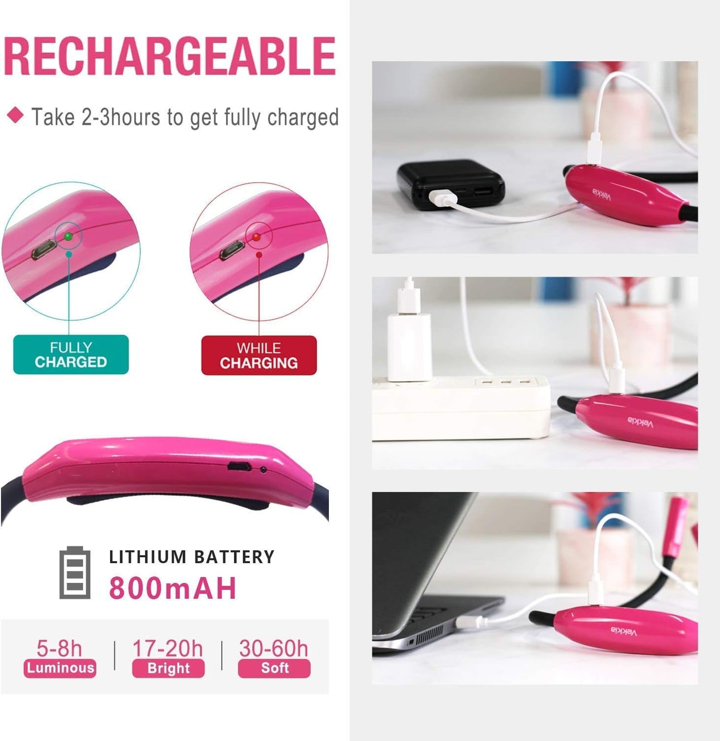 Vekkia Lightweight Neck Reading Light - 3 Colors, 9 Brightness | For Bed Reading, Knitting, Sewing, Crafting. Appeals to Repair & Craft Fans (Pink)