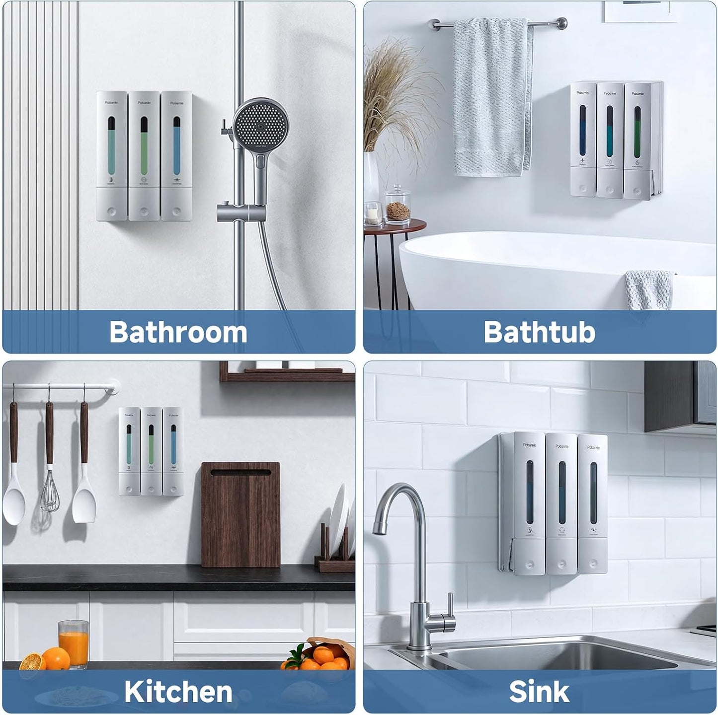 Shampoo Dispenser for Shower - Shower Soap Dispenser Wall Mounted No Drill - Shampoo Body Wash Dispenser 2 Chamber - Easy Install for Bathroom Hotel Silver 800ml