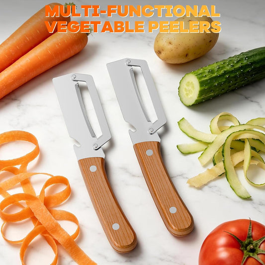 2 Packs Multi-Functional Vegetable Peeler for Kitchen with Wooden Handle and Bottle Opener, Ultra-Sharp Stainless Steel Blade Kitchen Tool for Veggie, Fruit, Potato, Carrot, Apple, Pumpkin, Papaya