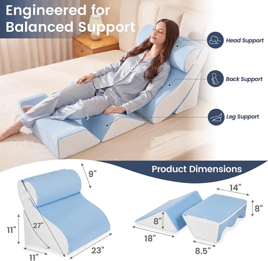 5PCS Wedge Pillow Set for After Surgery, Adjustable Orthopedic Foam Bed Wedge Pillow for Acid Reflux, GERD & Heartburn Relief, Back & Leg Elevation Support for Sleeping & Sitting Up, White Grey