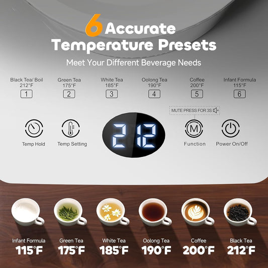 Electric Tea Kettle with Infuser, 1.5L Glass Water Boiler with Temperature Control, 24H Keep Warm & Auto Shut-Off, White