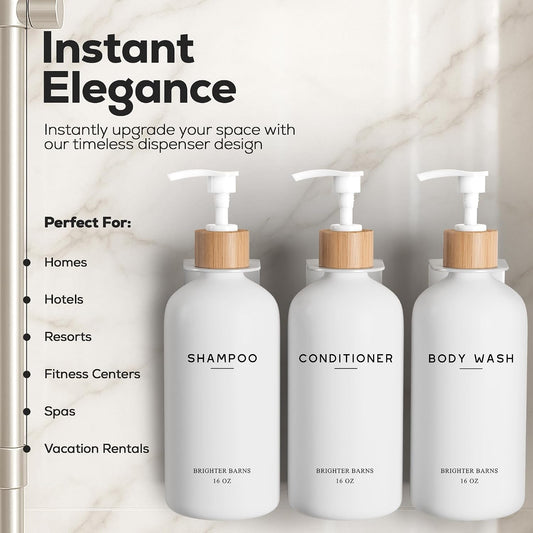 White Shampoo and Conditioner Dispenser Set Wall Mounted by Brighter Barns - Shower Dispenser 3 Chamber No Drill - Refillable Shampoo and Conditioner Bottles for Shower Wall in Airbnb, Hotel (White)