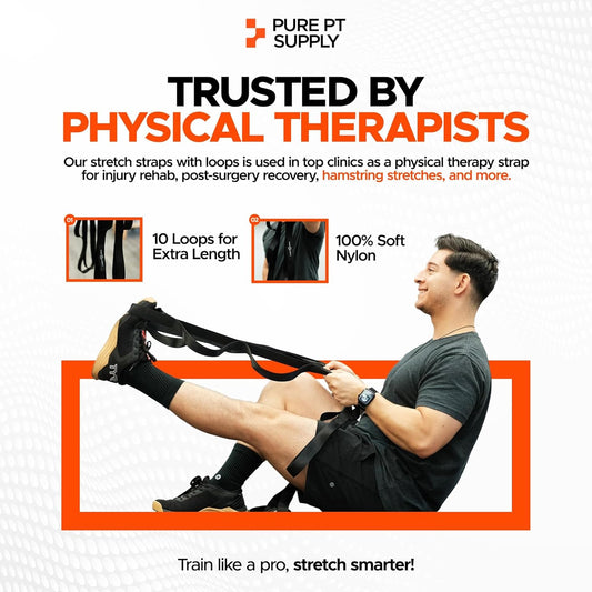 Pure PT Stretching Strap, 10 Loops, Non-Elastic Stretch Strap, Yoga Strap | Flexibility Training, Non-Elastic, Leg & Hamstring Stretcher, Rehab, Pilates, Home & Gym Use, Workout Guide Included