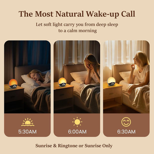 Wake Up Light Sunrise Alarm Clock for Bedrooms, Rechargeable Sound Machine Night Light, 28 Sleep Sounds, 12 Colors, Dual Alarms, White Noise Sound Machine for Baby and Adults