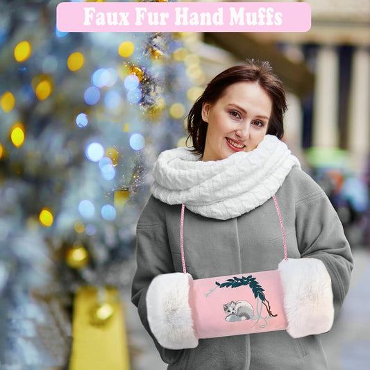 Faux Fur Hand Muffs for Women Girls, Portable Winter Hand Warmer Pouch with Pocket and Strap, Cute Pink Embroidery Pattern Hand Muffler for Cold Weather