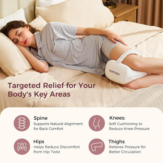 Momcozy Knee Pillow for Side Sleepers, Soft Memory Foam & Pinch-Free Design | Relieve Knee, Leg and Sciatica Pain, Adjustable Elastic Strap Ideal for Pregnant Women and Seniors, White