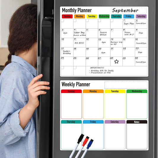 Magnetic Dry Erase Calendar for Fridge: Pack of 2-14.6” x 11.6” Magnetic Monthly and Weekly Planner for whiteboard, Family Organizer and Schedule Board for Home and Office
