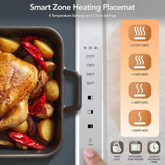 STAGI Food Warming Mat for Buffets, Dual-Zone Electric Warming Tray with 4 Temperature Settings & Timer, Large Roll-Up Silicone Hot Plate, Child Lock & Auto Shut-Off, Portable Warmer for Parties