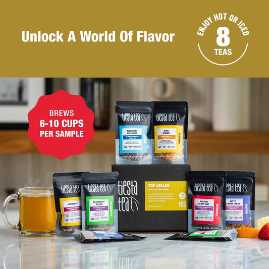 Tiesta Tea - Top 8 Favorites Sampler Set, Loose Leaf, Up to 80 Cups | High to No Caffeine, Hot & Iced, Tea Variety Pack with Green, Herbal, & Black, 8 Sample Pouches