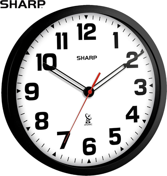 Sharp 12-Inch Atomic Wall Clock, Battery Operated, White with Black Frame | Self-setting atomic time; Easy-read analog face; Automatic time adjustment; Simple setup; Versatile home or office style
