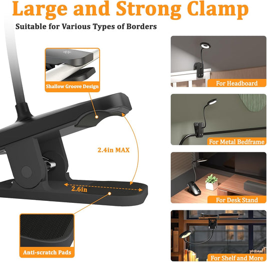 Rechargeable Clip Light, LED Bed Reading Lamp for Headboard & Desk | Strong Clamp, Portable, Cordless Battery Book Light w/ USB-C Cable, 25 Eye-Care Lighting Modes, Flexible Arm, Dorm Bunk Bed