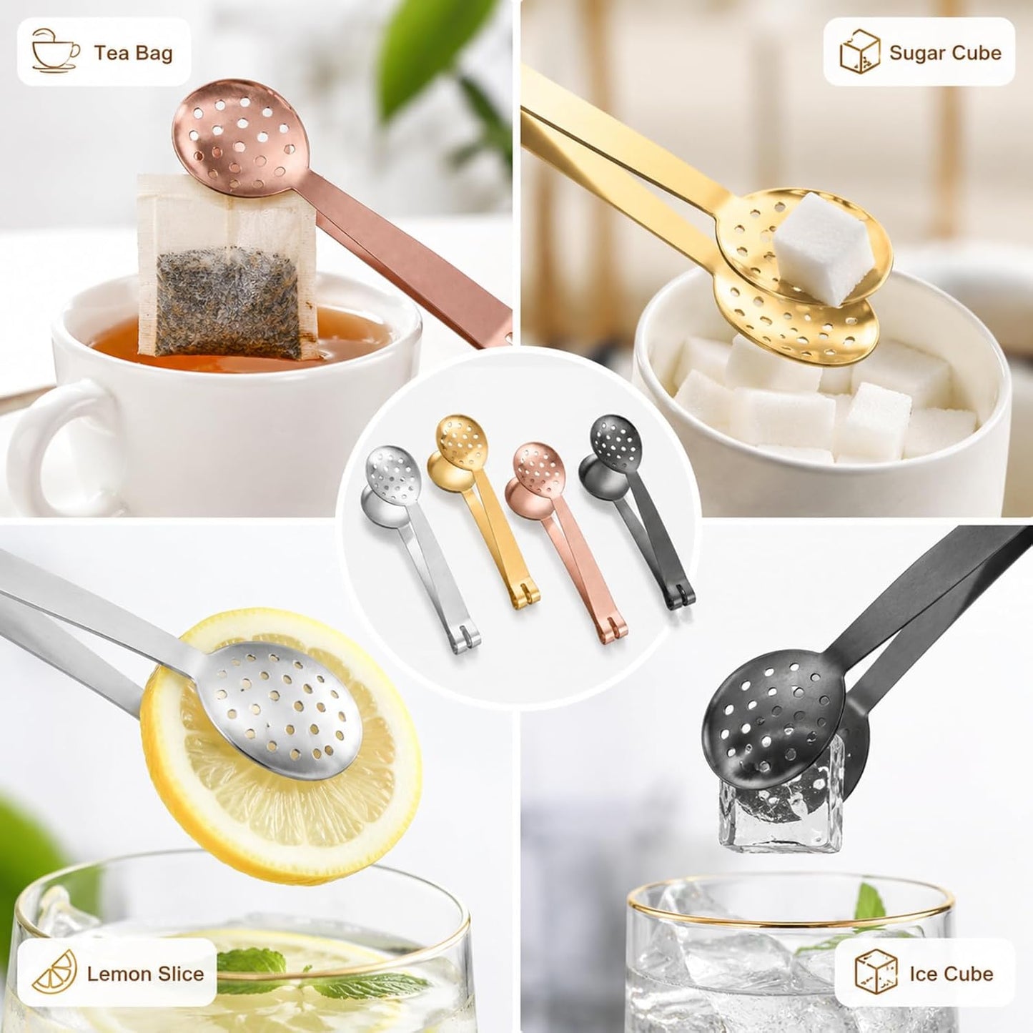 4PCS Tea Bag Squeezer, Tea Bag Dispenser and Tea Bar Accessories, Stainless Steel Tea Tongs Set for Gripping Teabags, Sugar Cubes, Ice or Lemon Slices