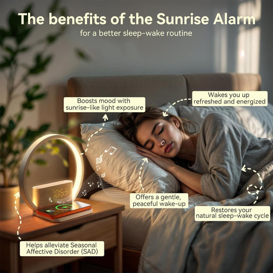 Vivilumens Sunrise Alarm Clock Wireless Charger, 10 White Noise Sound Machine Alarm Clock with 30/60/90 Mins Timer, 3 Levels Touch Night Light Dual Clocks for Heavy Sleeper Bedroom Decor Gift for Her