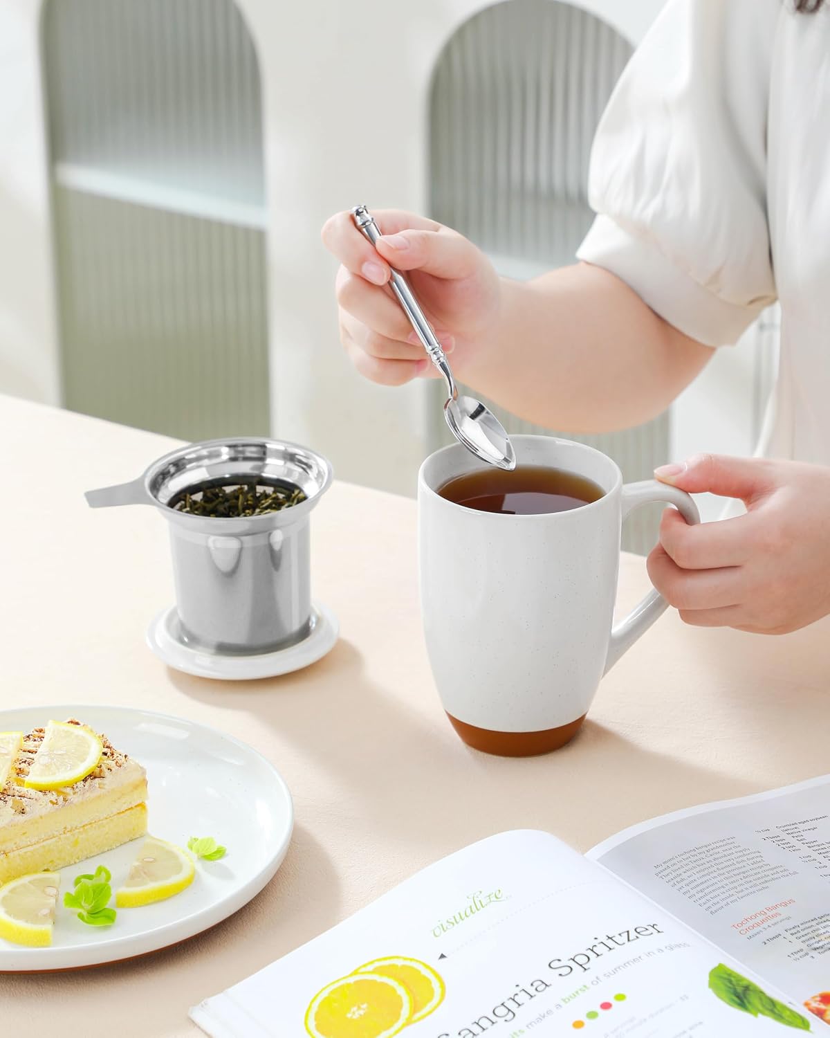 MALACASA Ceramic Tea Mug with Lid and Stainless Steel Infuser, 18 oz Large Tea Cup for Loose Leaf Tea, Heat-Resistant, Microwave & Dishwasher Safe, Speckled Glaze Coffee & Tea Brewer Mug, Khaki Brown