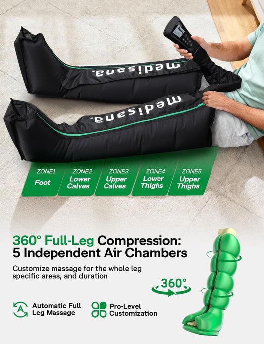 Medisana Leg Compression Massager for Circulation, Leg Massager with Heat | Foot Massager with 4 Modes 4 Pressure Levels 3 Timers, Leg Recovery Compression System for Swelling & Pain Relief