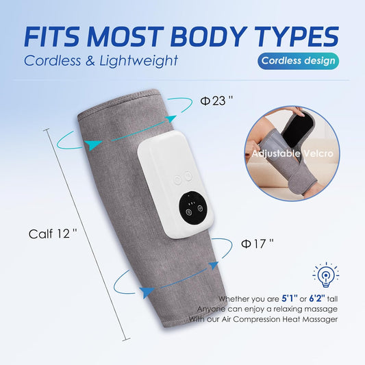 Air Compression Leg Massager, Cordless Calf Massager with Heat, Air Compression Leg Massage for Circulation and Pain Relief, Gifts for Dad Mom Men Women, Gray (Single)