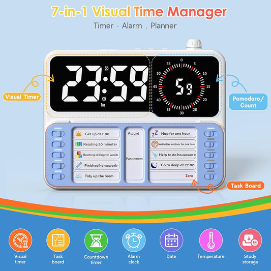 7-in-1 Visual ADHD Timer for Kids with Chore Chart Board, ADHD Tools Schedule for Kids with Autism, Alarm, Countdown, Date, Temperature, Storage, Daily Checklist for Home/School/Classroom/Desk(Pink)