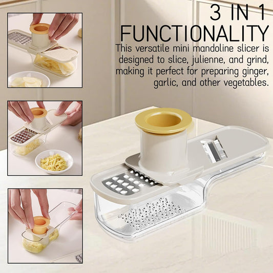 2 Pieces Mini Mandoline Slicer 3 in 1 - Ginger Garlic Grater, Vegetable Chopper with Container, Easy Grip Handheld Kitchen Tool, Safety Guard, for Camping Cooking and Picnic