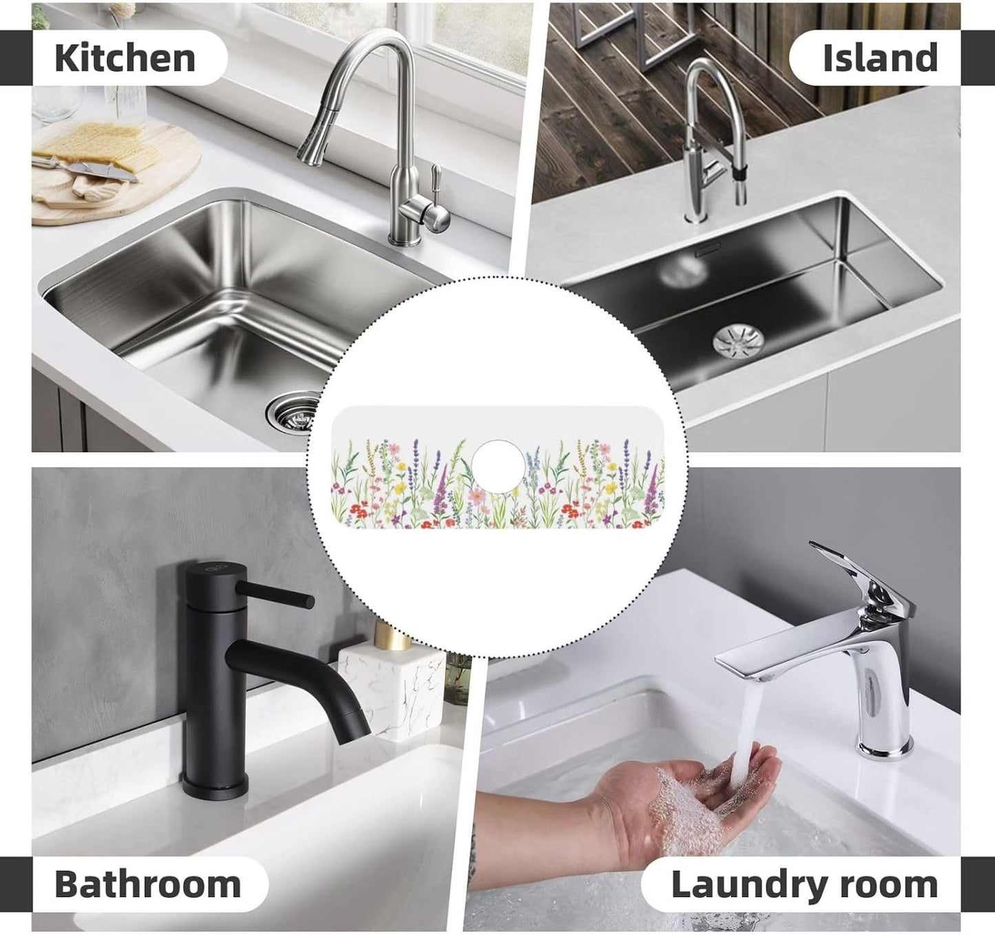 Wildflowers Floral Flower Kitchen Sink Splash Guard Faucet Mat Super Absorbent Fast Drying Mat Sink Gadgets-Fast Drying Pad Sink Mat For Kitchen Bathroom (15" X 5.5" )