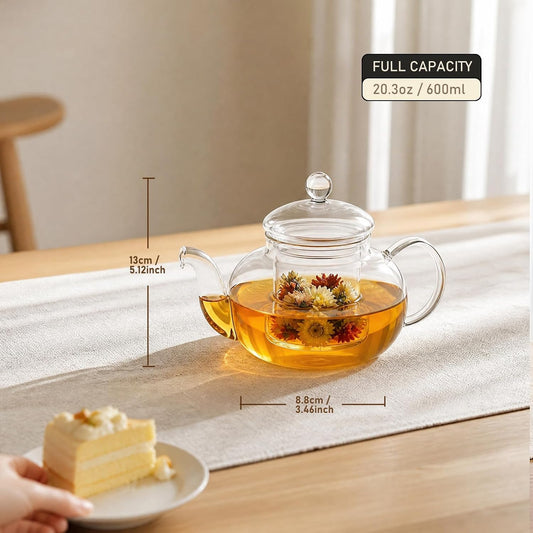1000ml(33.8oz) Borosilicate Glass Teapot with Removable Glass Infuser, Stovetop Safe Large Tea Kettle for Blooming Tea & Loose Leaf Tea
