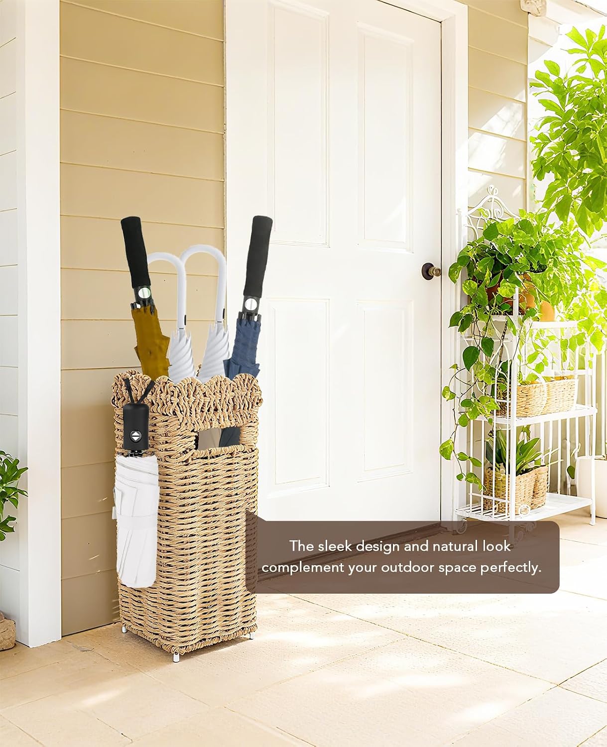 AceList Woven Umbrella Stand for Entryway, PE Rattan with Drip Tray | Scalloped cane holder for umbrellas, walking sticks & wrapping paper, farmhouse porch decor, removable base, sturdy 16.5 inch