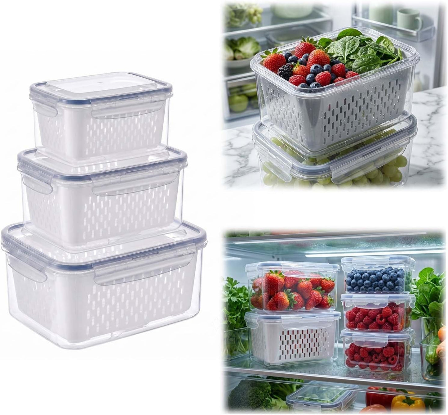 Fruit Storage Containers for Fridge with Removable Colander, Airtight Produce Storage Containers with Lids, Fridge Organizers and Storage for Berry, Fruit, Vegetables, Salad & Meal Prep (Gray, S+M+L)