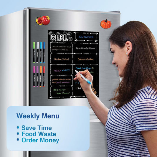 Magnetic Menu Board for Fridge, LiebHome Dry Erase Weekly Menu Planner/Family Calendar 16" x 12" with Grocery List and Notes (Black with 8 Markers)