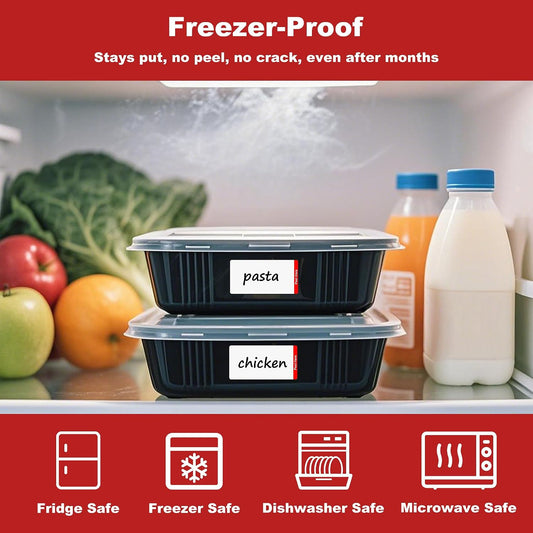 500 Removable Freezer Labels with Dispenser, 1" x 2" (Red) | Blank, writable, remove no residue, waterproof & oilproof, 1 box, 500 labels per box, for meal prep containers