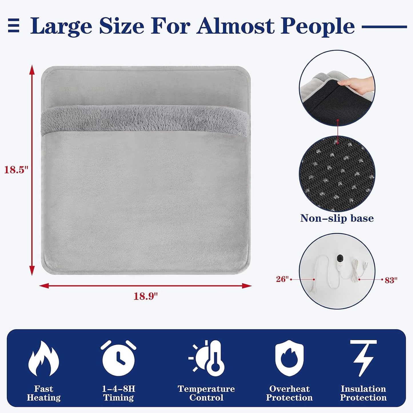 Double Sided Electric Foot Warmer with LCD Display, Foot Heating Pad, Grey | 9 Heat Settings & 3 Timer, Auto Shut Off, Non-Slip & Machine Washable Plush, Under Desk Foot Warmer for Office/Home/Bed-Grey