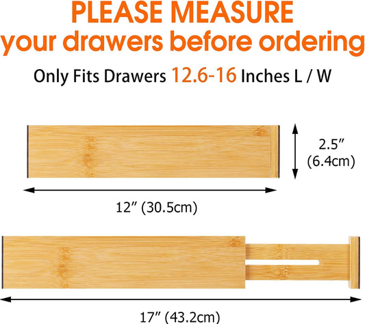 Bamboo Drawer Dividers, Adjustable Drawer Organizers, Fits 12.6–16" Drawers | 2.5" High, 4 Pack Expandable Drawer Separators for Kitchen, Nursery, Dressers & Office Storage, Natural