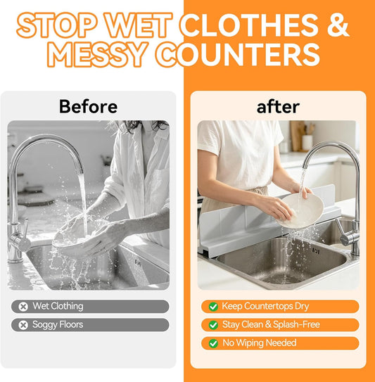 Silicone Splash Guard for Kitchen Sink, Self Draining Water Mat | Tall 3.5" Splash Wall , 22.8" Trimmable Design , 7 Strong Suction Cups , Dishwasher Safe , Flexible Water Barrier